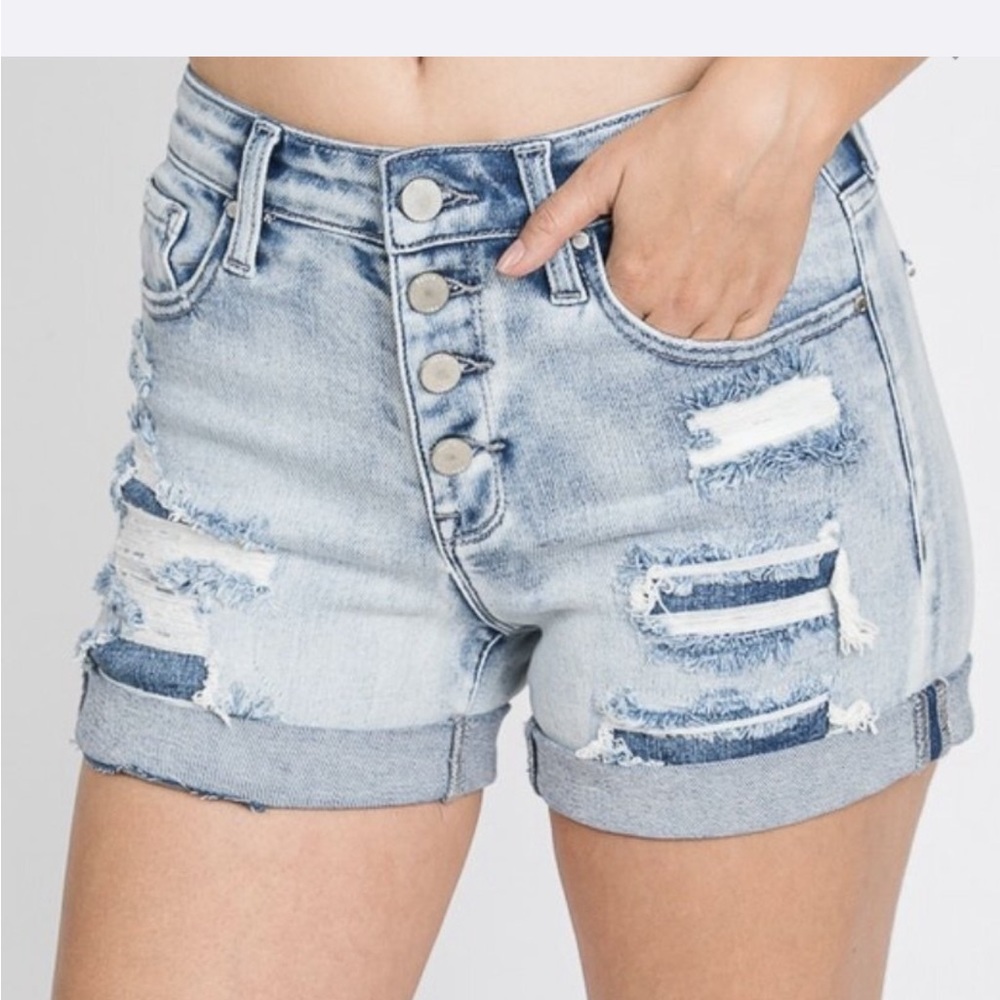 NEW Petra 153 Button Up High Rise Patched Stretch Shorts